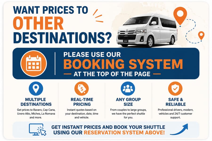 Punta Cana airport shuttle booking infographic with PUJ shuttle prices and hotel transportation options in Punta Cana Dominican Republic